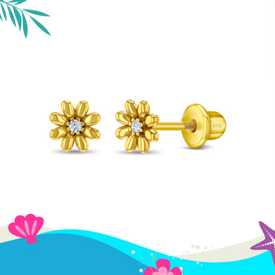 Puffed Blossom Kids / Children's Earrings Screw Back - Gold Plated Sterling Silver