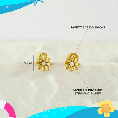 Puffed Blossom Kids / Children's Earrings Screw Back - Gold Plated Sterling Silver