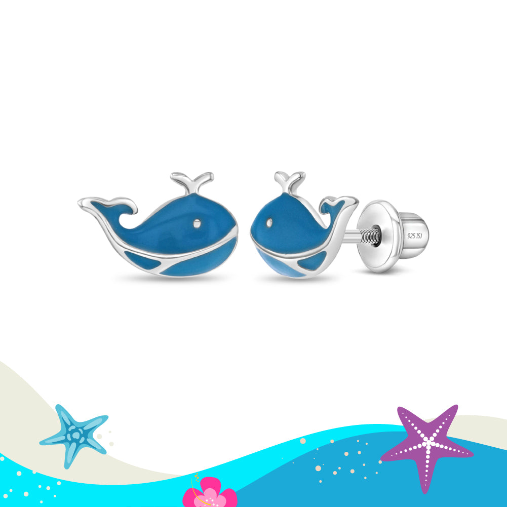 Playful Whale Kids / Children's / Girls Earrings Screw Back - Sterling Silver