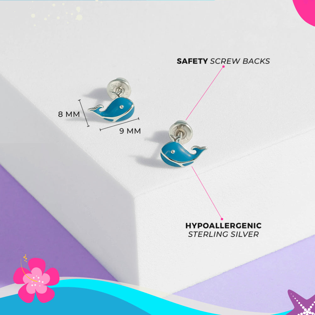 Playful Whale Kids / Children's / Girls Earrings Screw Back - Sterling Silver