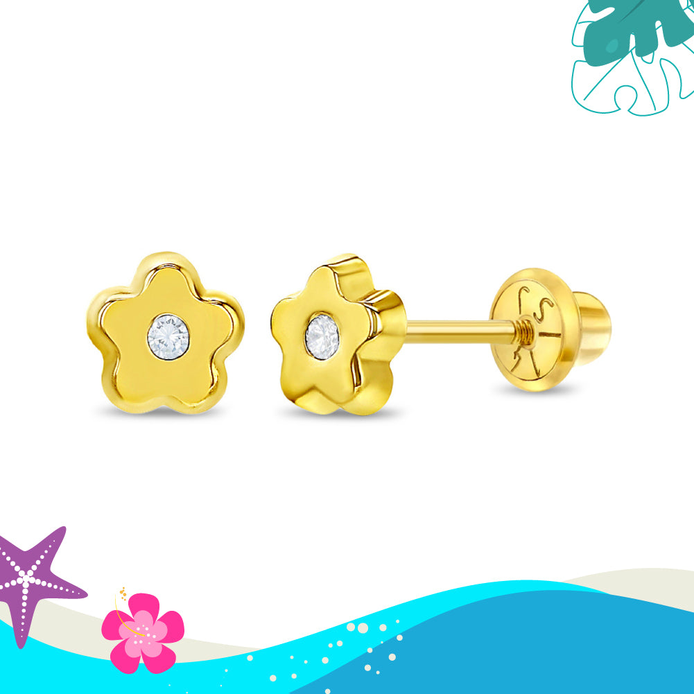 14k Gold Classic CZ Flower Baby / Toddler  Earrings Safety Screw Back