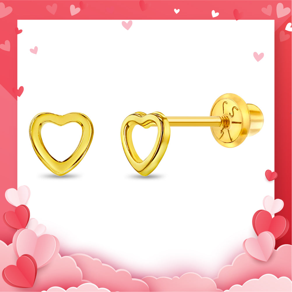 14k Gold Tiny Open Heart Baby / Toddler Earrings Safety Screw Back