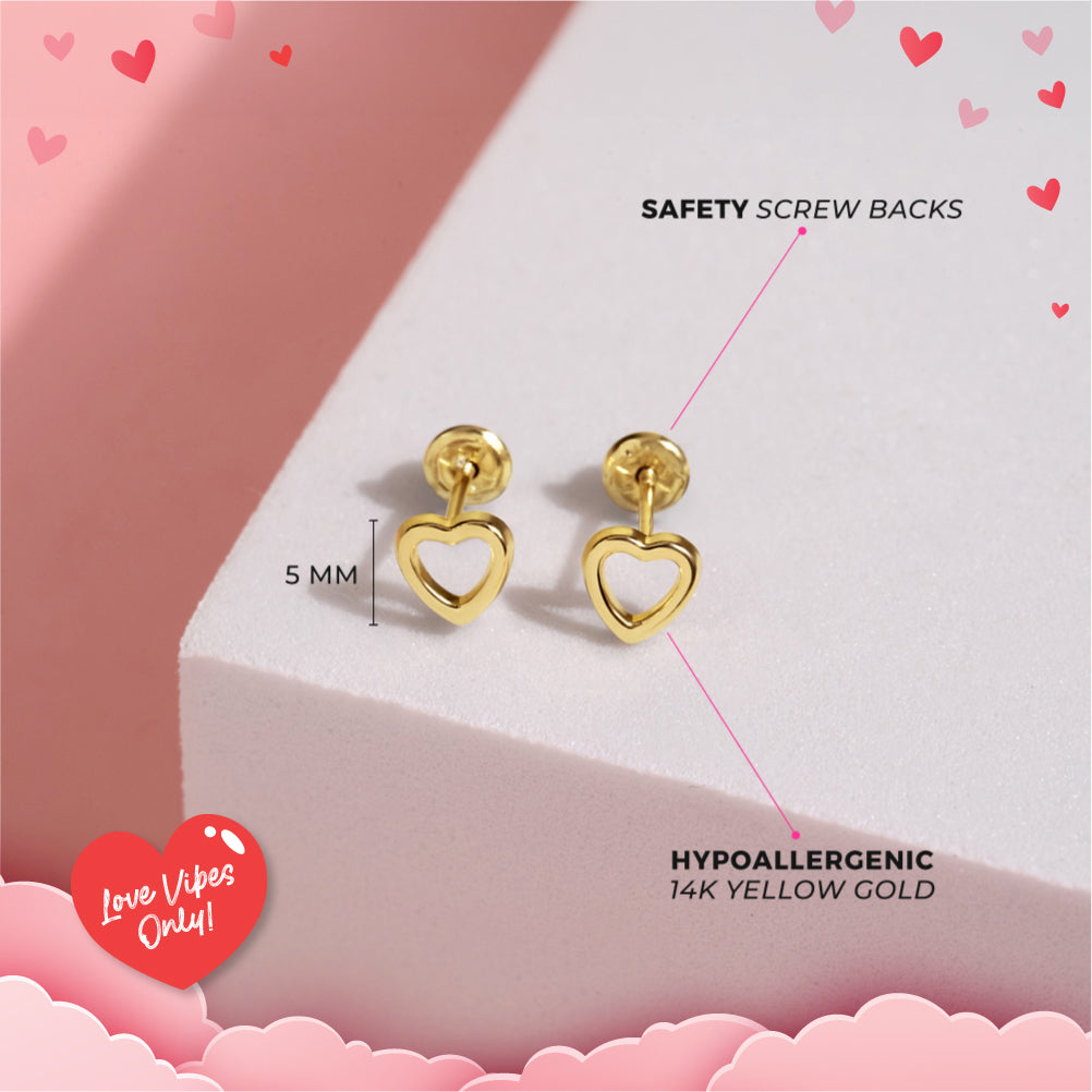 14k Gold Tiny Open Heart Baby / Toddler Earrings Safety Screw Back