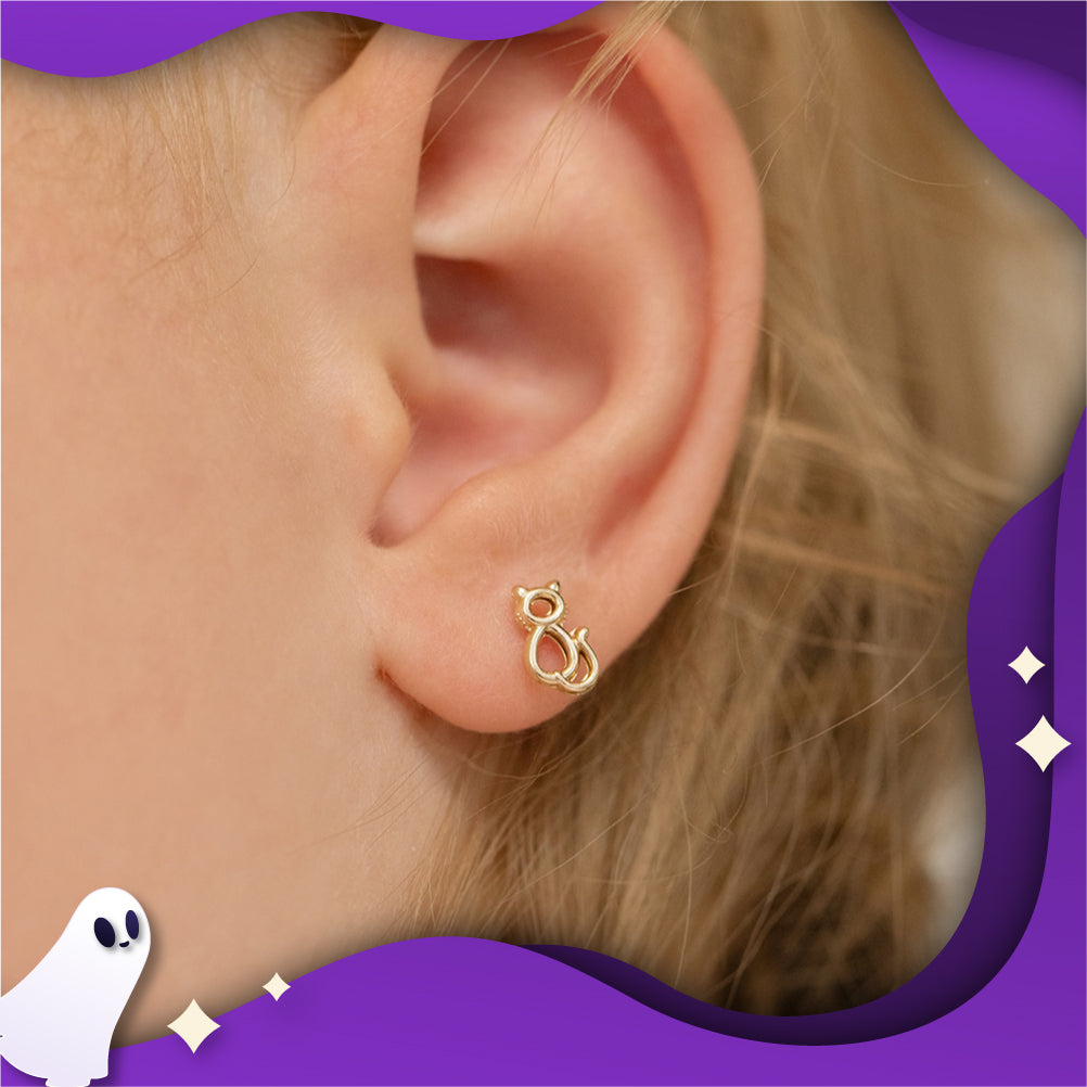 14k Yellow Gold Ghastly Kitten Earrings