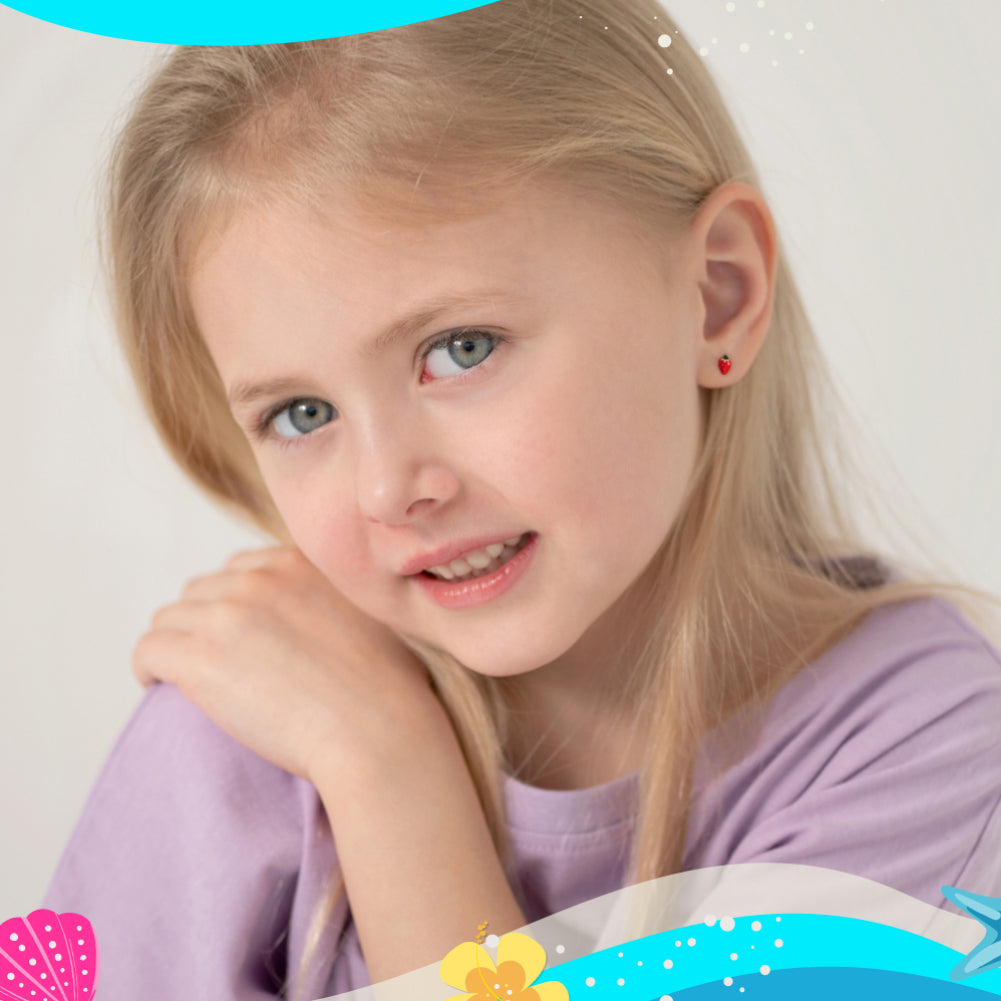 14k Gold Summer Strawberry Baby / Toddler Earrings Safety Screw Back Enamel