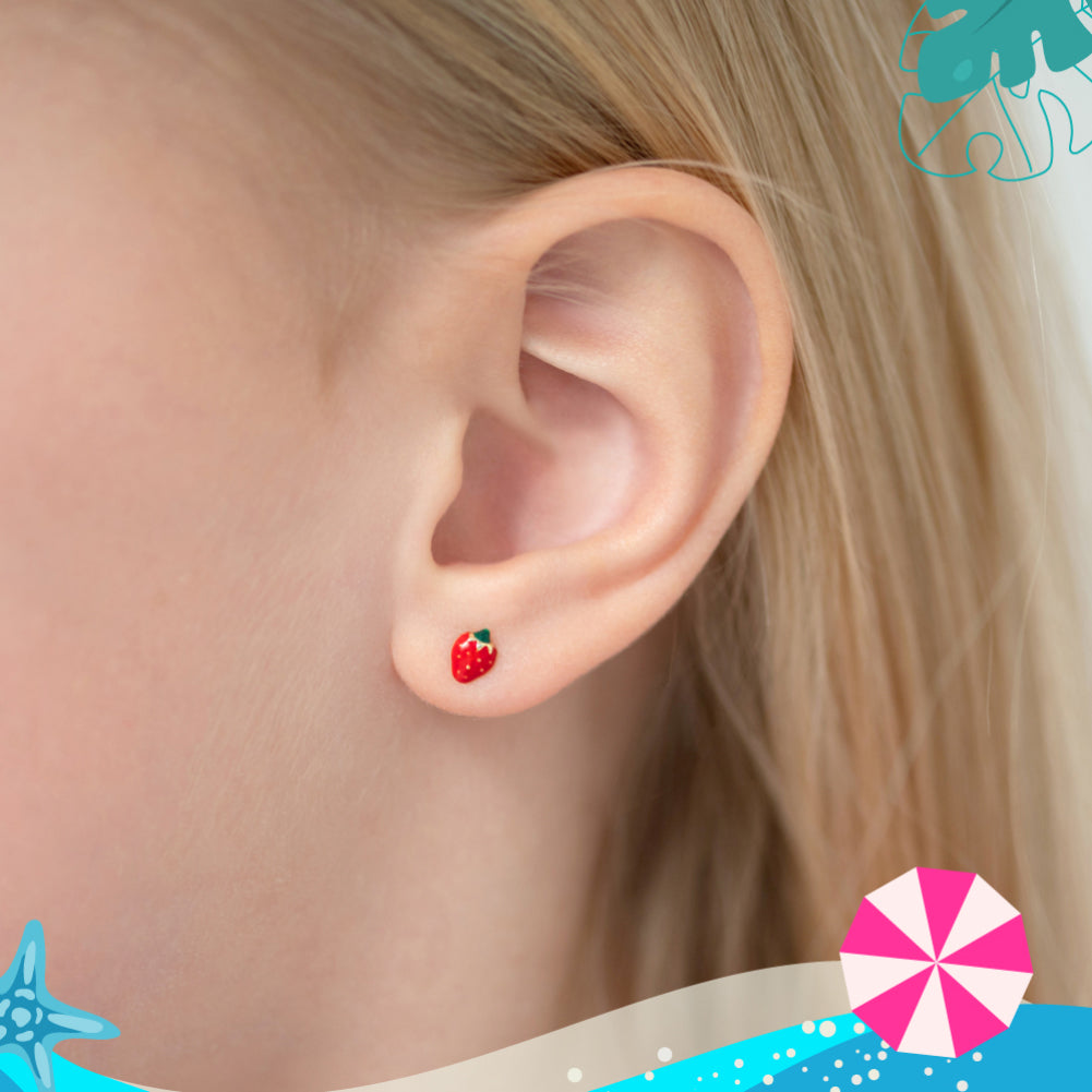 14k Gold Summer Strawberry Baby / Toddler Earrings Safety Screw Back Enamel
