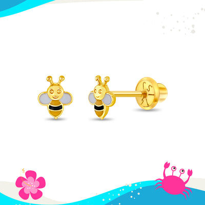 14k Gold Honey Bee Baby / Kids Earrings Safety Screw Back Enamel