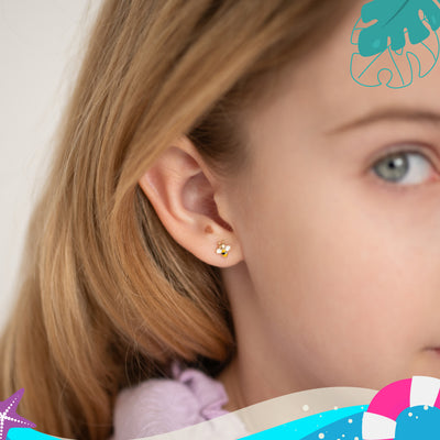 14k Gold Honey Bee Baby / Kids Earrings Safety Screw Back Enamel