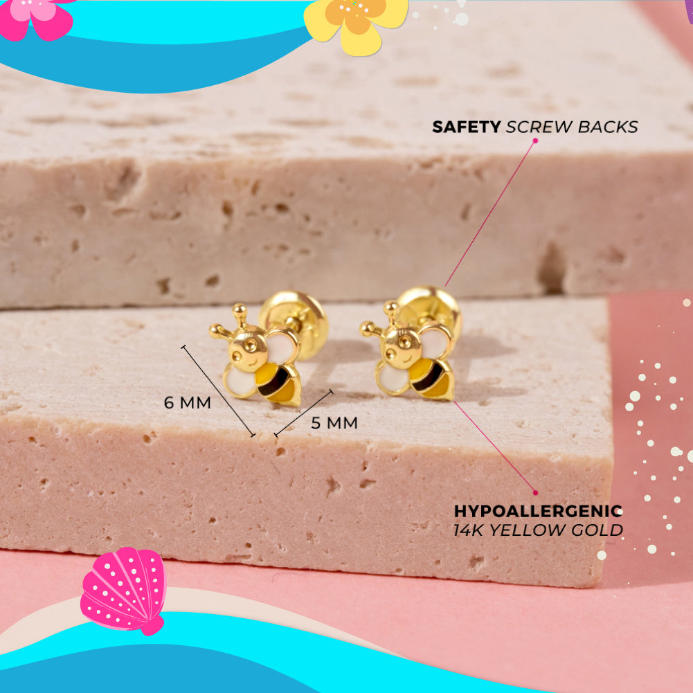 14k Gold Honey Bee Baby / Kids Earrings Safety Screw Back Enamel