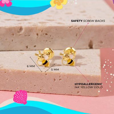 14k Gold Honey Bee Baby / Kids Earrings Safety Screw Back Enamel