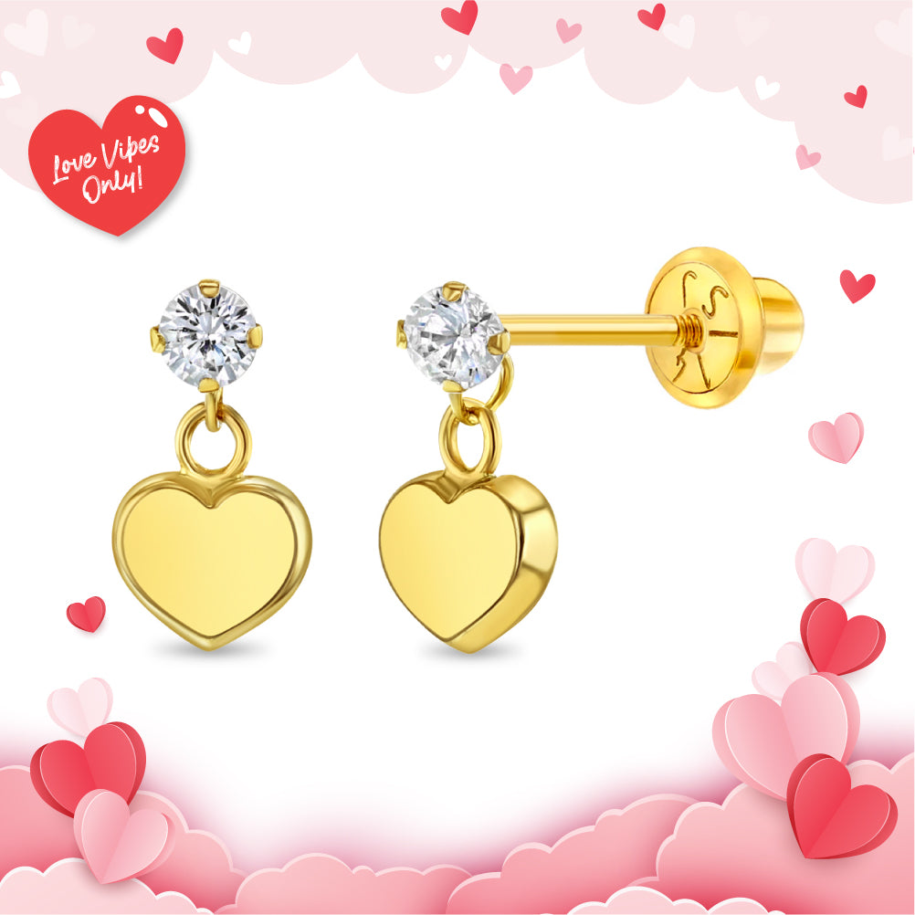 14k Gold Dangle Heart Kids / Girls Earrings Safety Screw Back