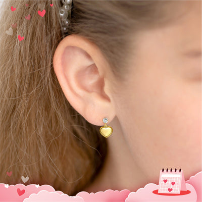 14k Gold Dangle Heart Kids / Girls Earrings Safety Screw Back