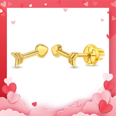 14k Gold Love Heart Arrows Kids / Girls Earrings Safety Screw Back