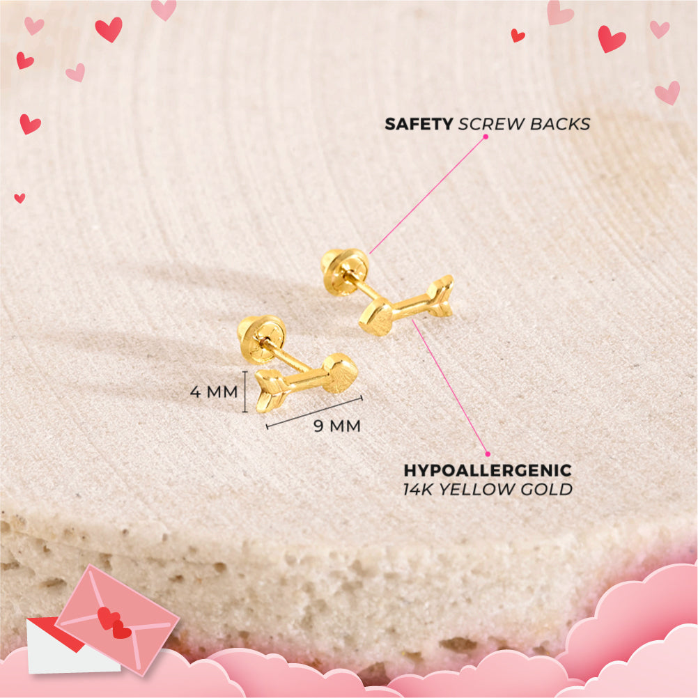 14k Gold Love Heart Arrows Kids / Girls Earrings Safety Screw Back
