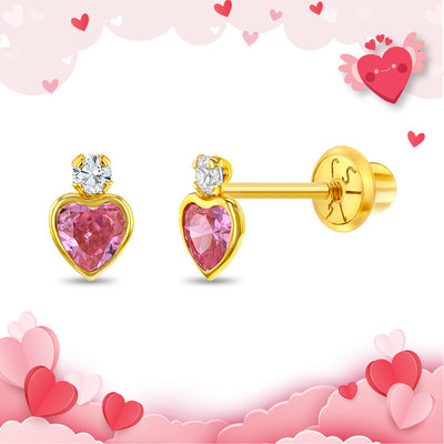 14k Gold Royal Heart CZ Kids / Girls Earrings Safety Screw Back