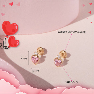 14k Gold Royal Heart CZ Kids / Girls Earrings Safety Screw Back