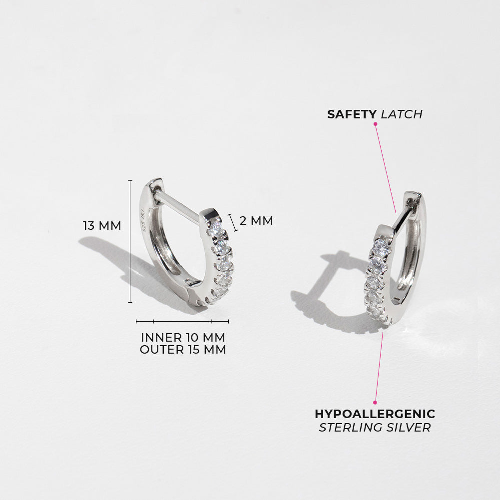 Small Multi Clear CZ 9mm Kids / Children's / Girls Earrings Hoop/Huggie Safety Latch - Sterling Silver