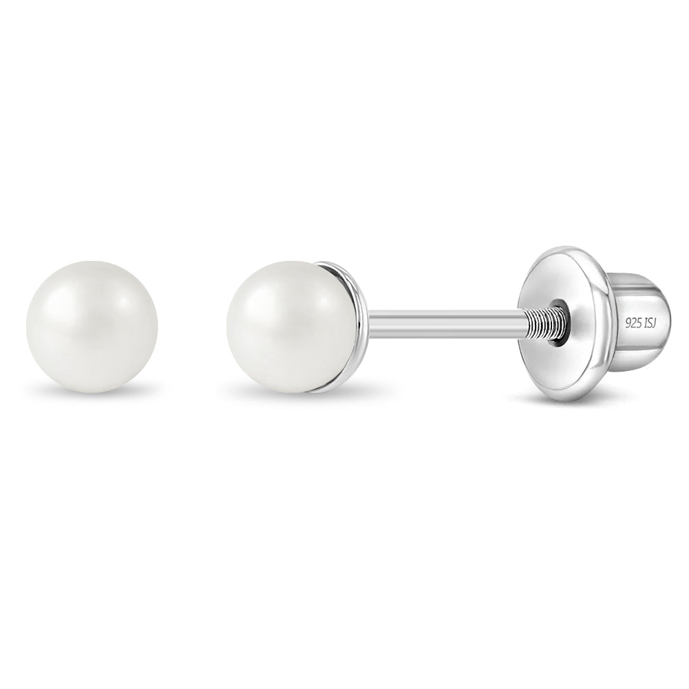 Classic Simulated Pearl White 3-5mm Kids Earrings Screw Back - Sterling Silver