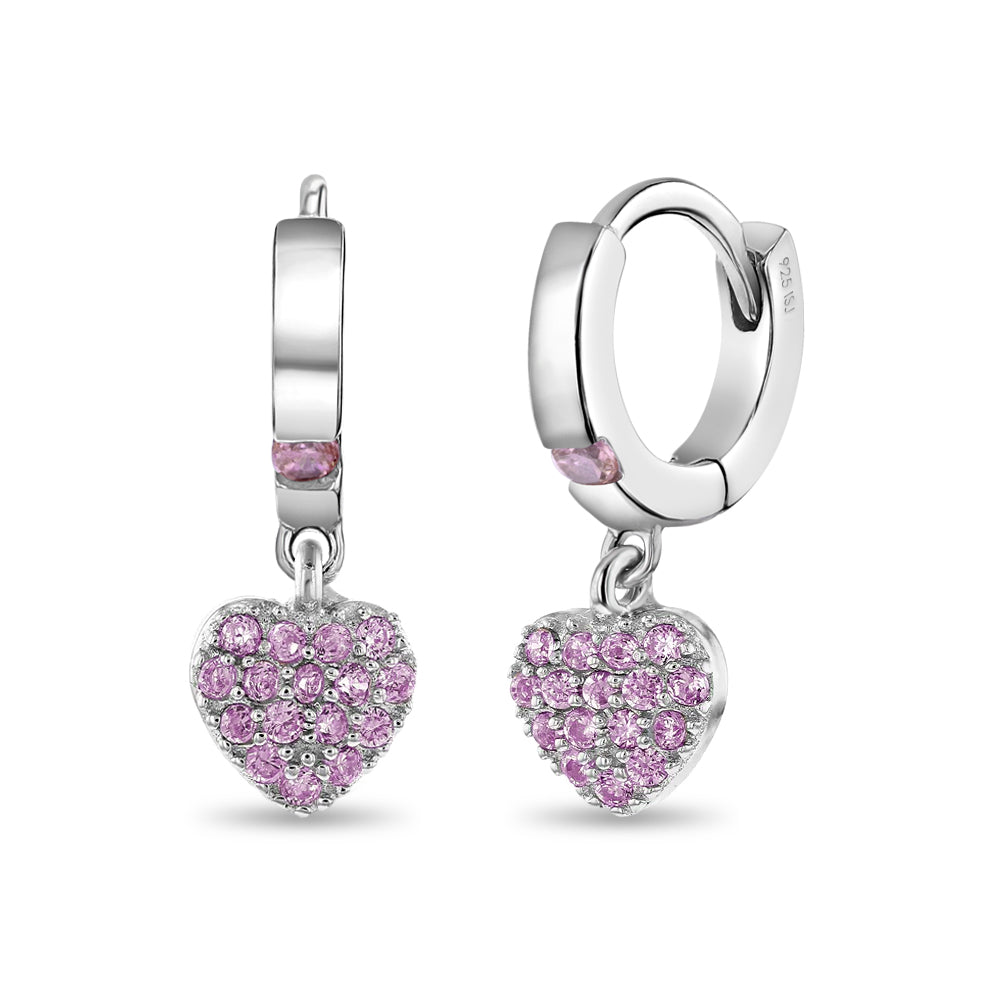 Pave Puffed Heart 8mm Kids Children's Girls Earrings Hoop/Huggie Safety Latch Sterling Silver