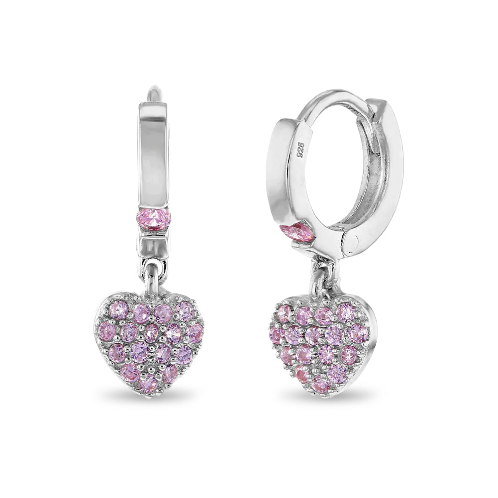 Pave Puffed Heart 8mm Kids / Children's / Girls Earrings Hoop/Huggie Safety Latch - 14k Gold over Sterling Silver