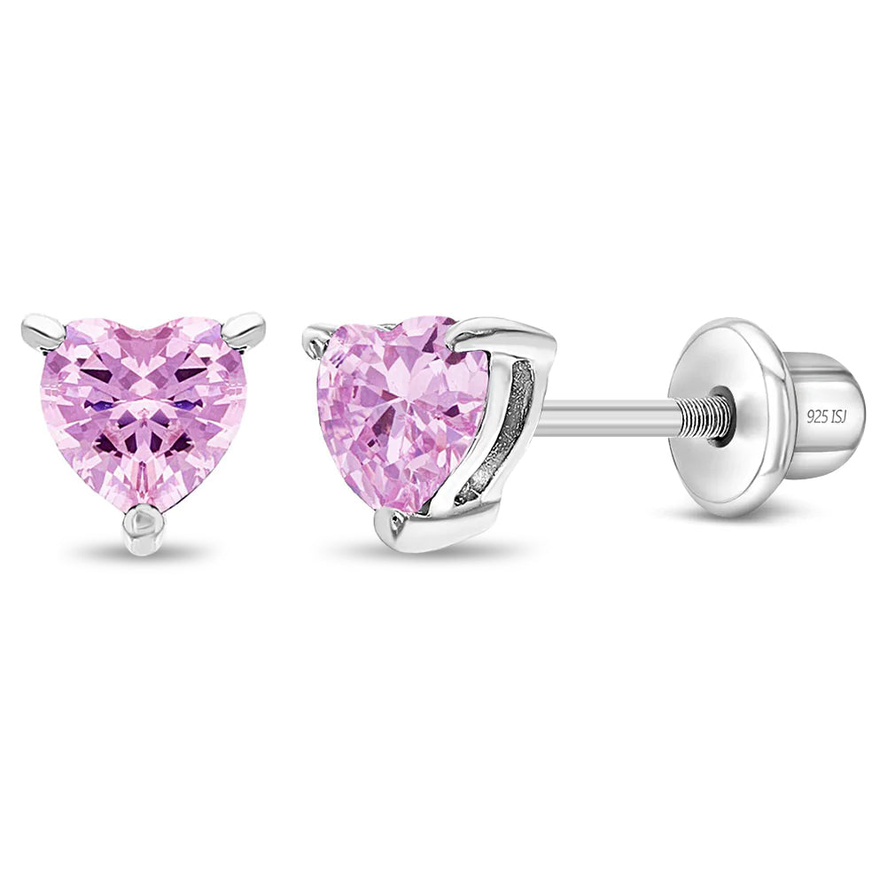 CZ Heart Solitaire 4mm Baby / Toddler / Kids Earrings Screw Back - Sterling Silver