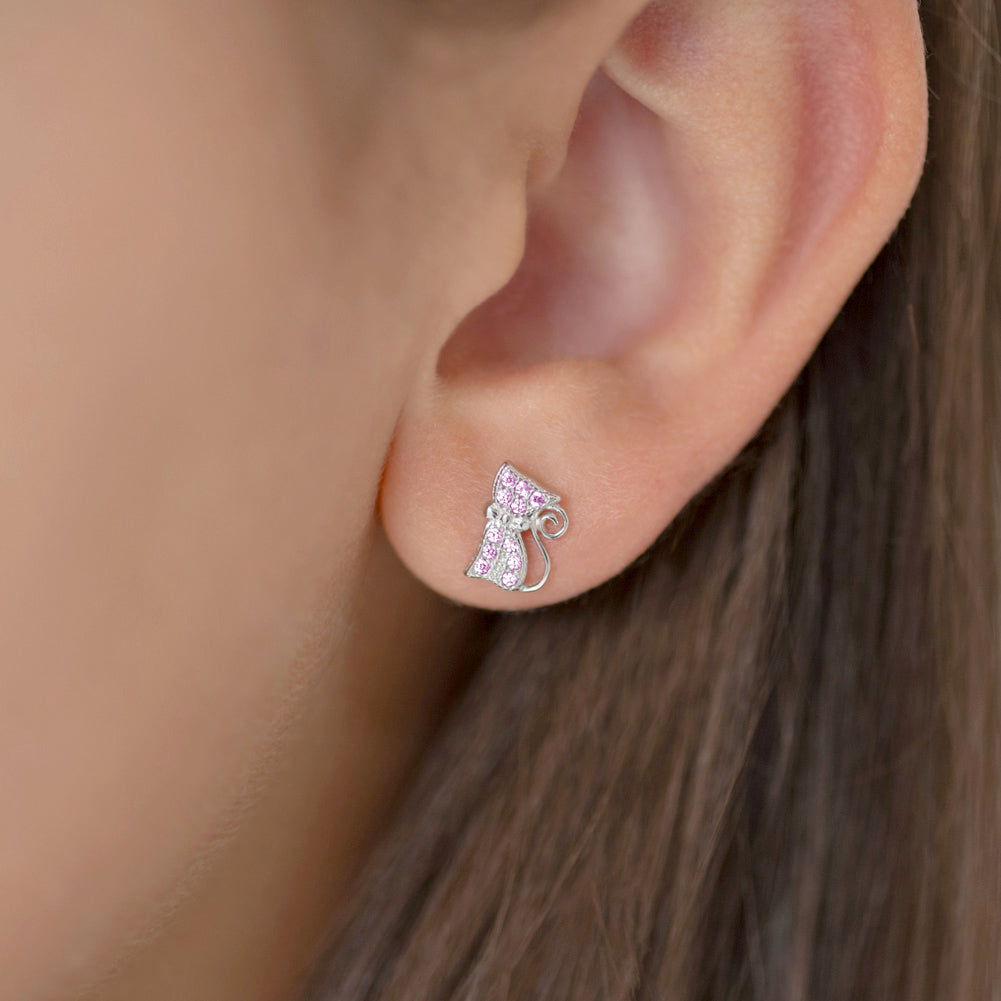 Sassy Kitty Cat Kids / Children's / Girls Earrings Screw Back - Sterling Silver