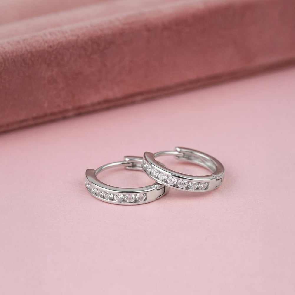 Channel Set Cubic Zirconia 9mm Earrings Hoop/Huggie Safety Latch - Sterling Silver