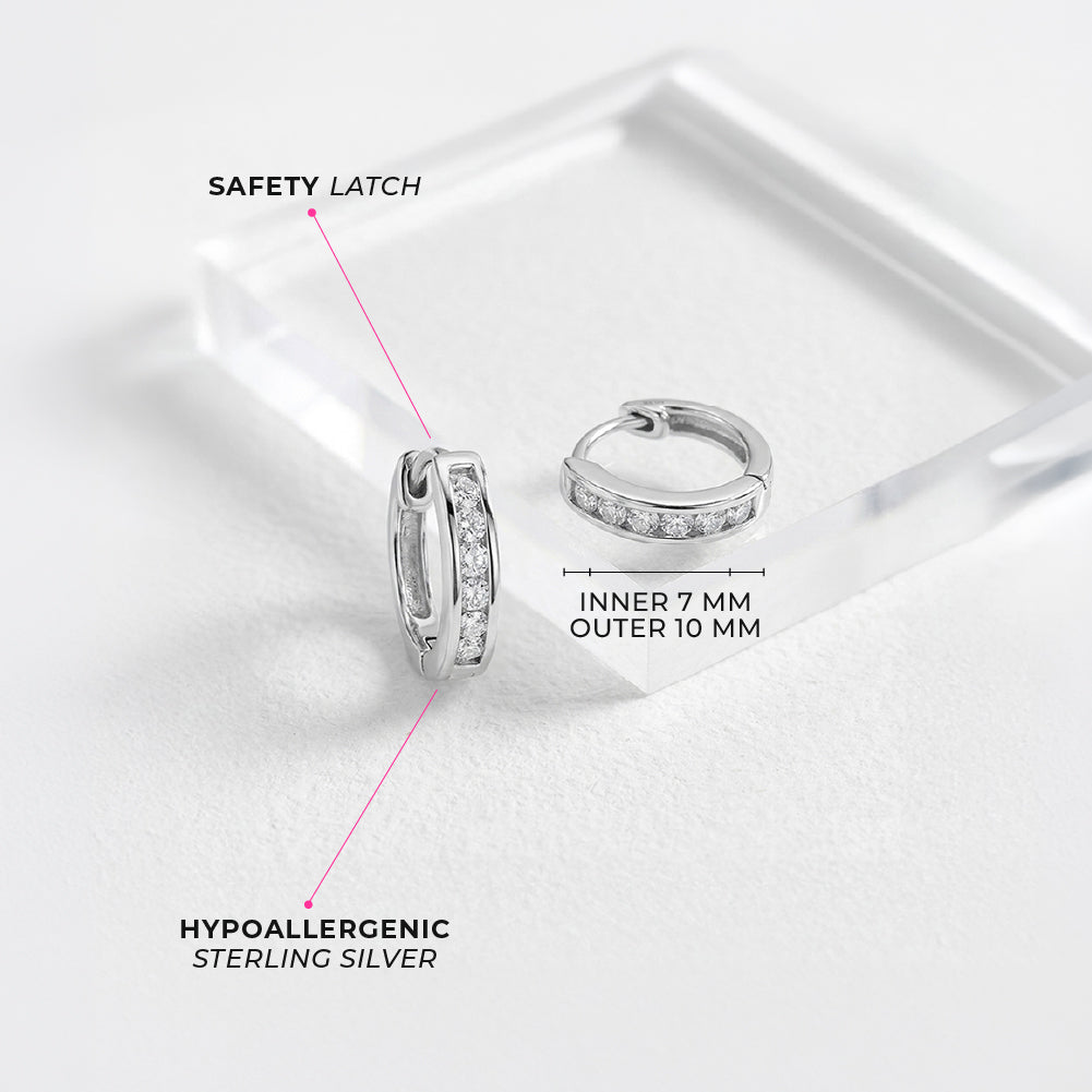 Channel Set Cubic Zirconia 9mm Earrings Hoop/Huggie Safety Latch - Sterling Silver