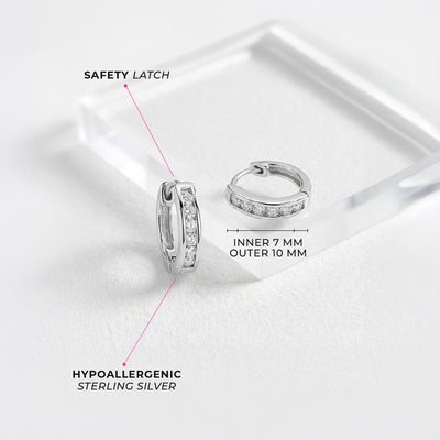 Channel Set Cubic Zirconia 9mm Earrings Hoop/Huggie Safety Latch - Sterling Silver