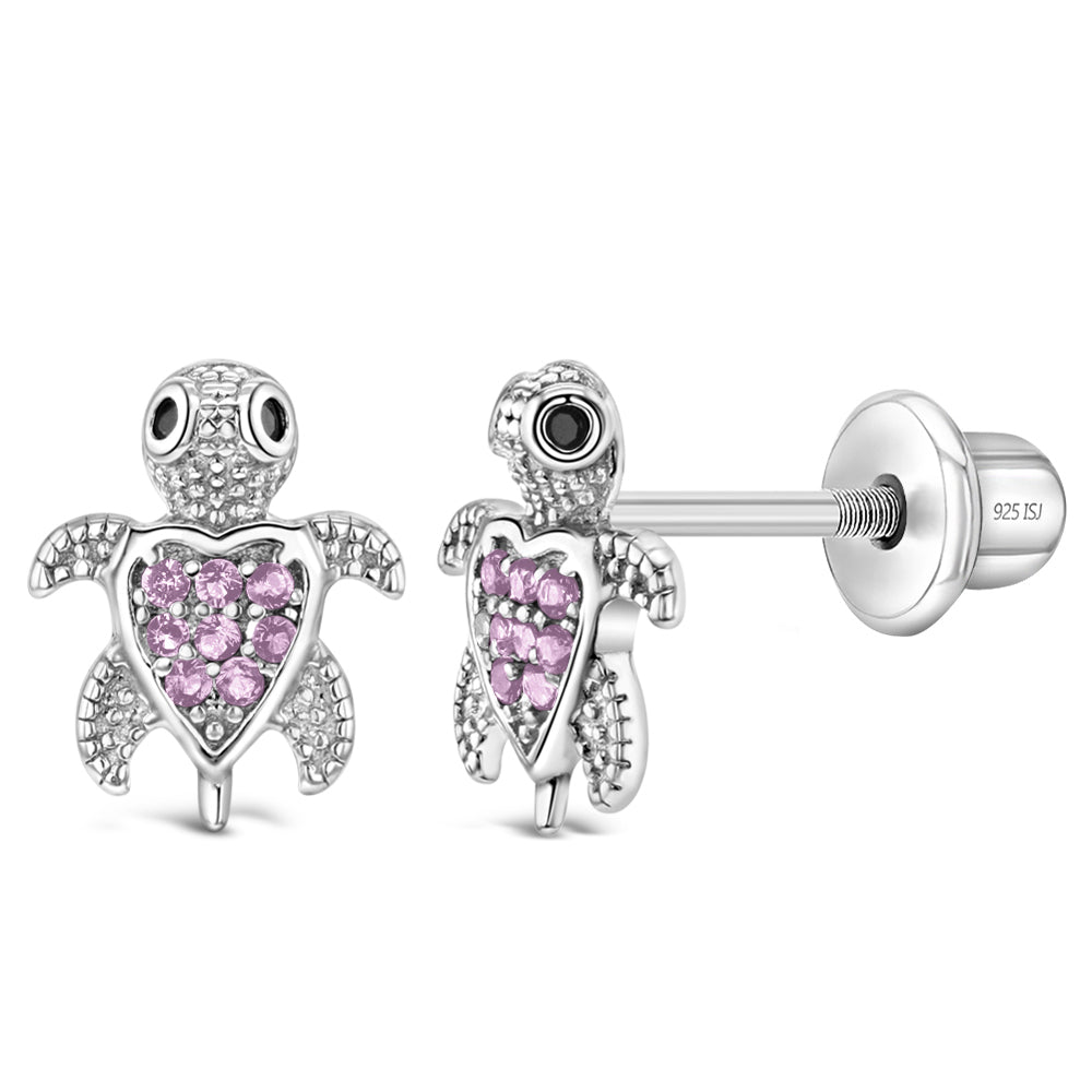 Adorable Turtle Kids / Children's / Girls Earrings Screw Back Cubic Zirconia - Sterling Silver