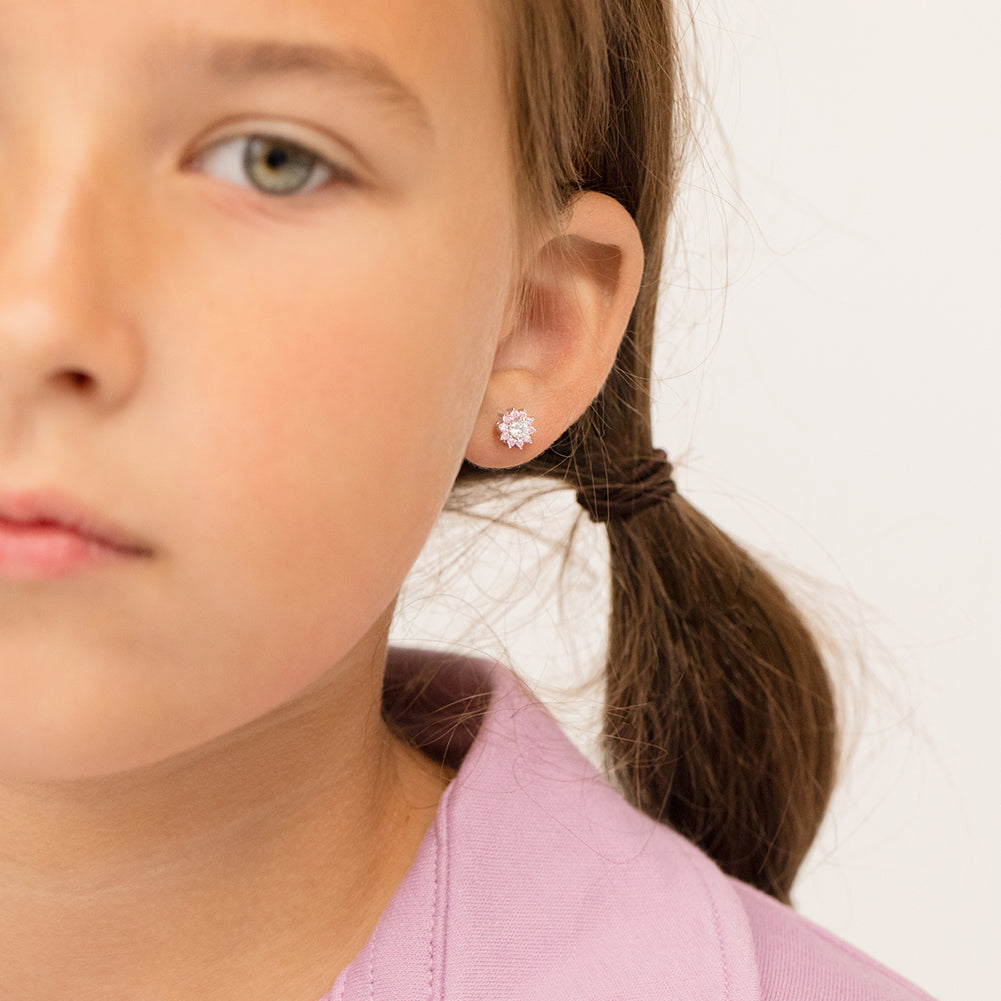 Pink & Clear CZ Flower Kids / Children's / Girls Earrings Screw Back - Sterling Silver