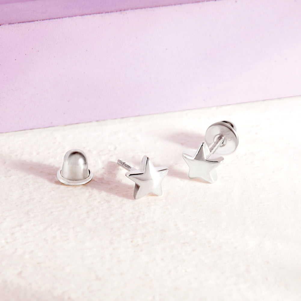 Classic Polished Star Baby / Toddler / Kids Earrings Screw Back Celestial - Sterling Silver