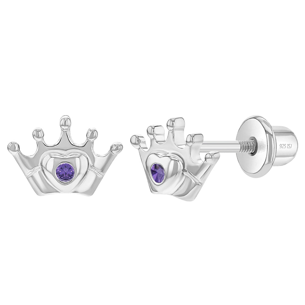 Princess CZ Crown Baby / Toddler / Kids Earrings Screw Back - Sterling Silver