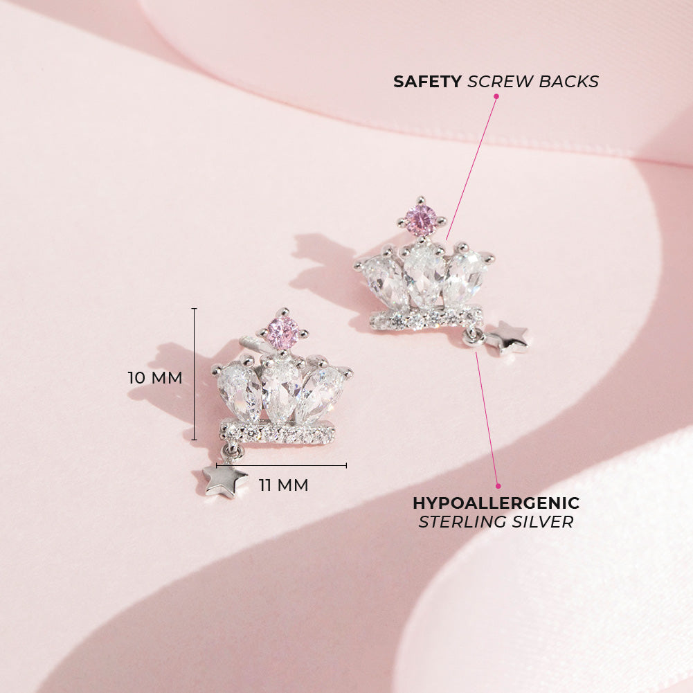 Crown & Star CZ Dangle Kids / Children's / Girls Earrings Screw Back - Sterling Silver