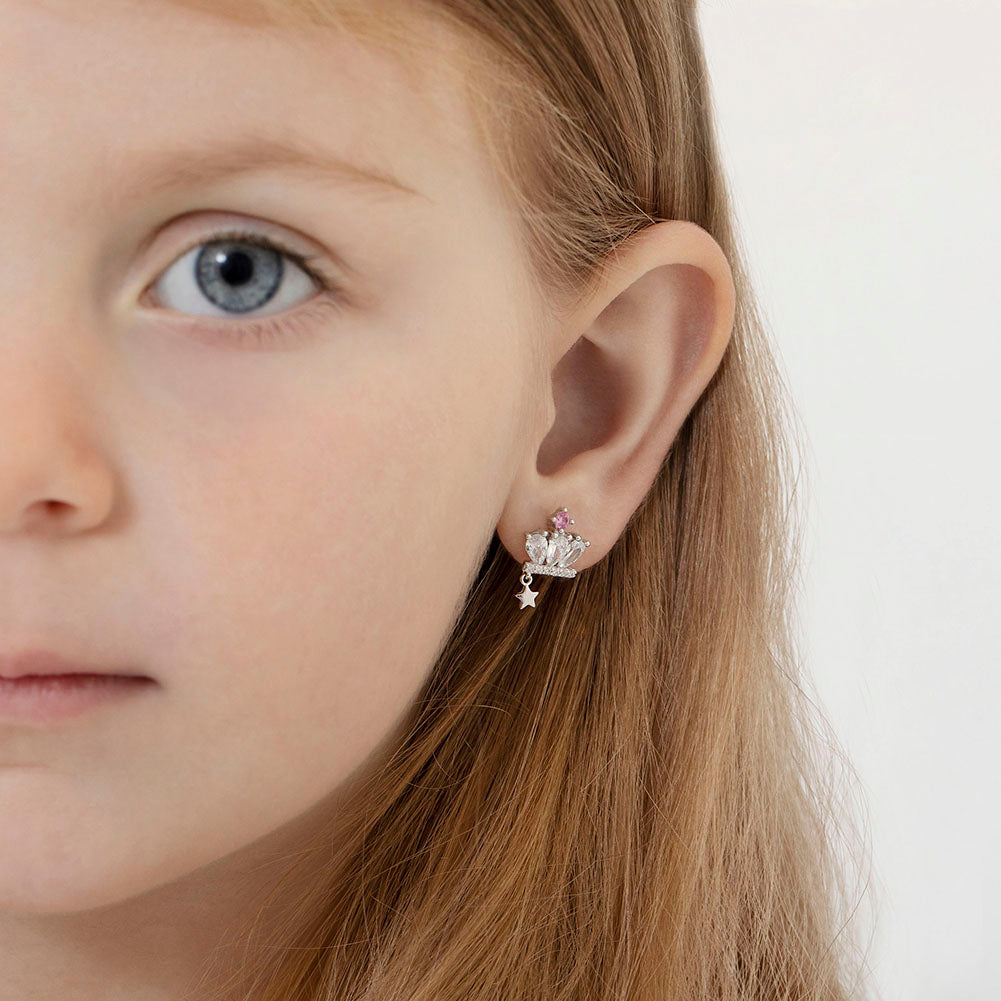 Crown & Star CZ Dangle Kids / Children's / Girls Earrings Screw Back - Sterling Silver