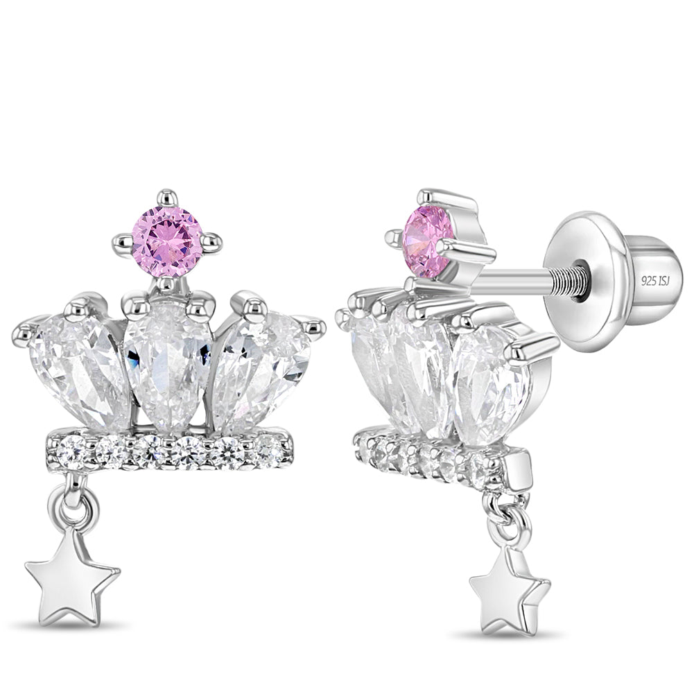 Crown & Star CZ Dangle Kids / Children's / Girls Earrings Screw Back - Sterling Silver
