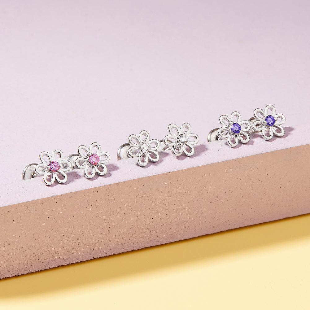 Spring Cubic Zirconia Flower Baby / Toddler / Kids Earrings Screw Back - Sterling Silver