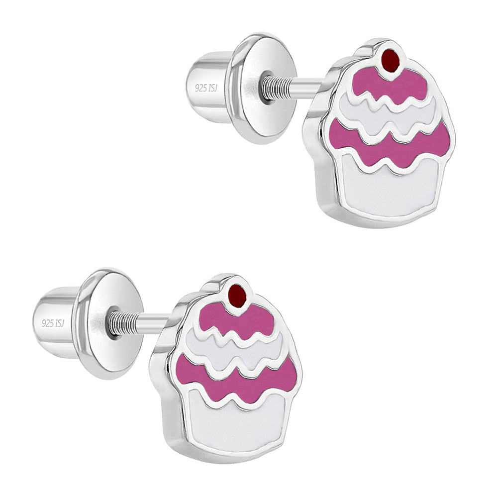 Yummy Enamel Cupcake Baby / Toddler / Kids Earrings Screw Back Enamel - Sterling Silver