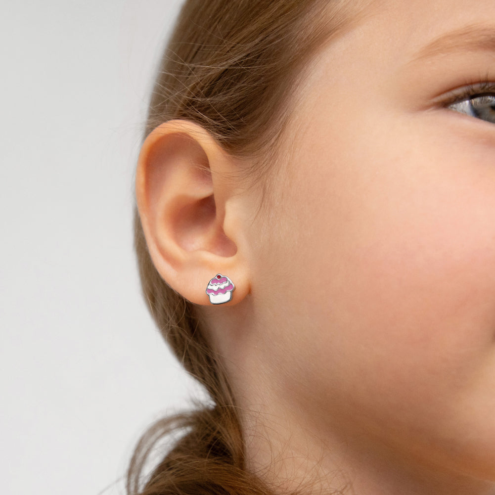 Yummy Enamel Cupcake Baby / Toddler / Kids Earrings Screw Back Enamel - Sterling Silver