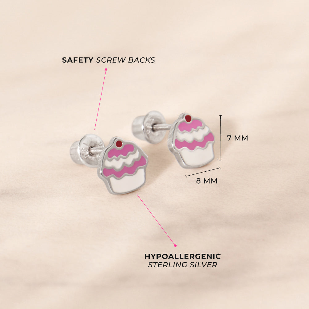 Yummy Enamel Cupcake Baby / Toddler / Kids Earrings Screw Back Enamel - Sterling Silver