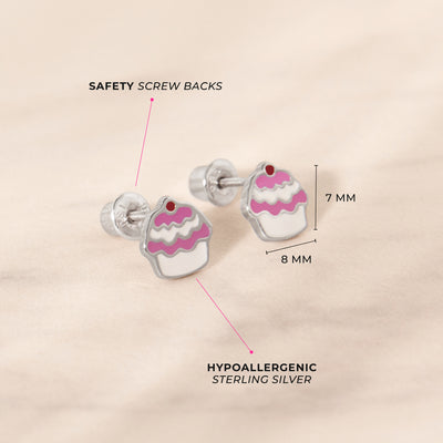 Yummy Enamel Cupcake Baby / Toddler / Kids Earrings Screw Back Enamel - Sterling Silver