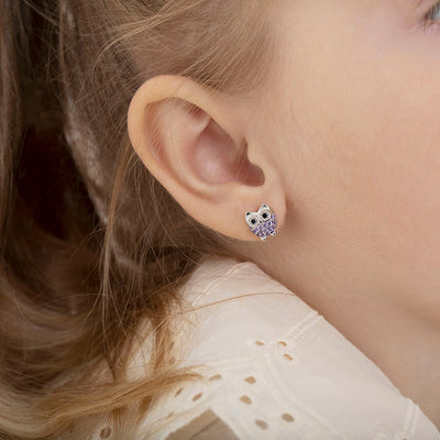 Hoot CZ Owl Baby / Toddler / Kids Earrings Screw Back - Sterling Silver