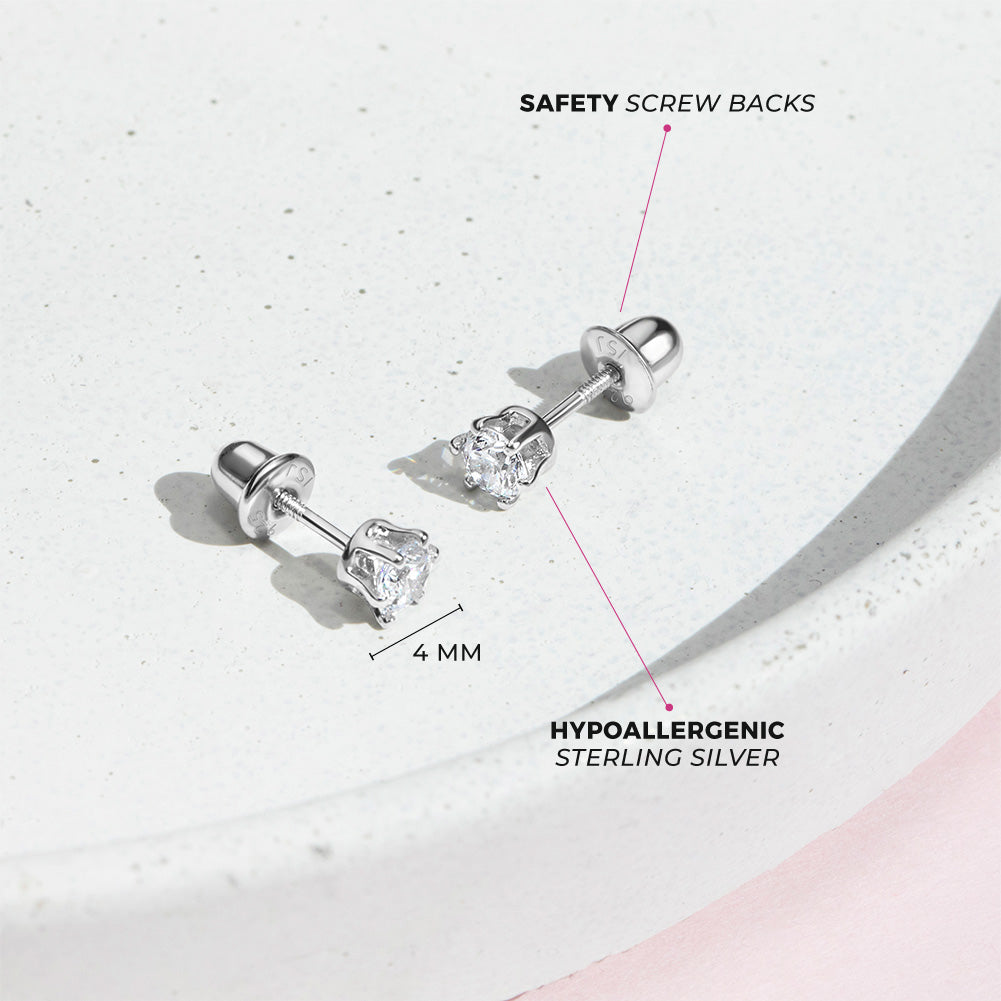 www. - 6 Sizes (3mm-9mm) Screw Back Studs Simple Clear CZ Four  Prong Earrings Stainless