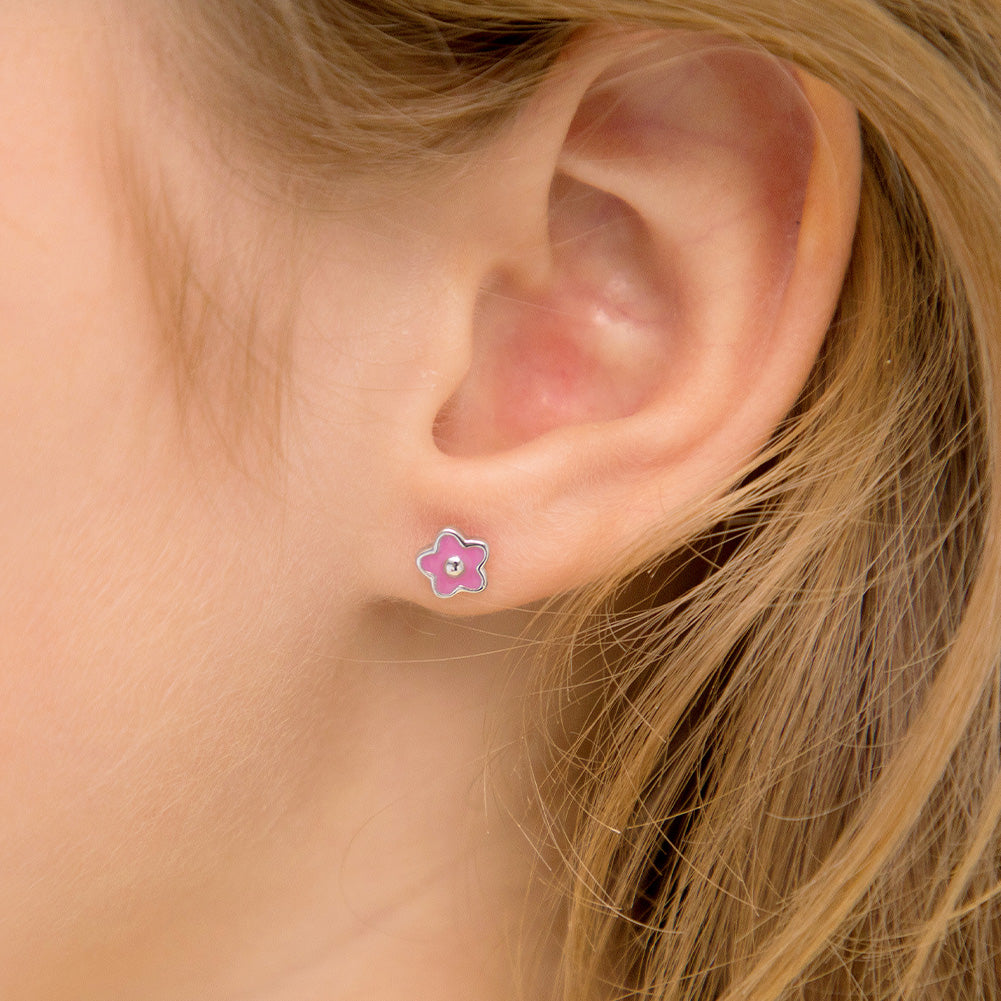 Groovy Enamel Flower Baby / Toddler / Kids Earrings Screw Back Enamel - Sterling Silver