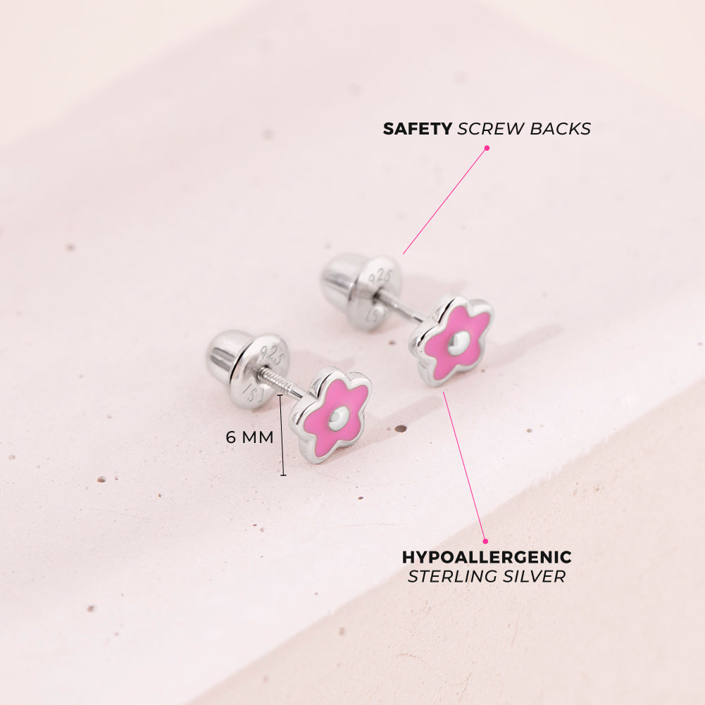 Groovy Enamel Flower Baby / Toddler / Kids Earrings Screw Back Enamel - Sterling Silver