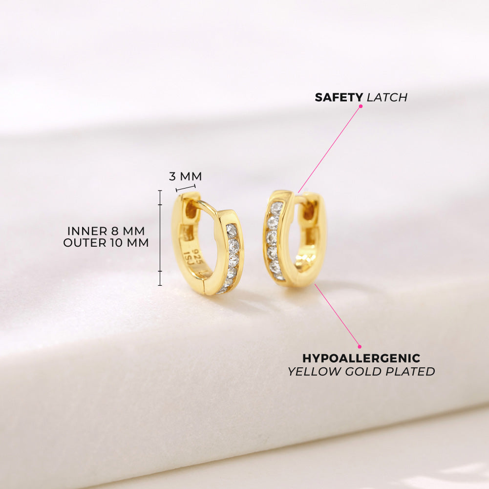 Channel Set CZ 8mm Baby / Toddler / Kids Earrings Hoop/Huggie Safety Latch - Sterling Silver Gold Plated