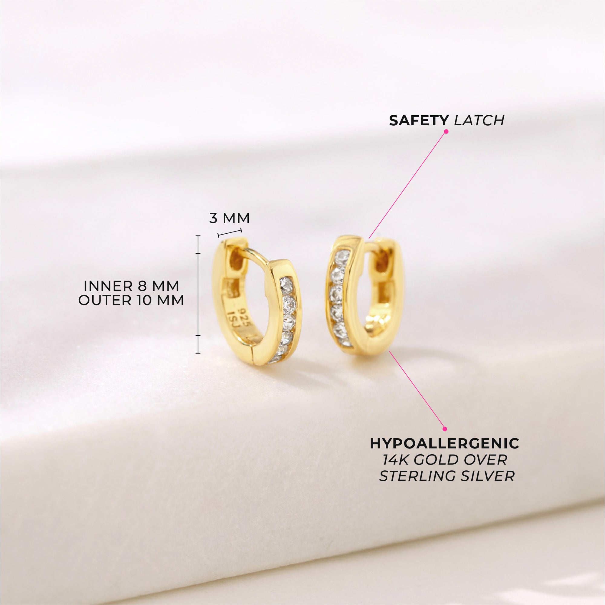 Channel Set CZ 8mm Baby / Toddler / Kids Earrings Hoop/Huggie Safety Latch - 14k Gold Over Sterling Silver