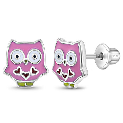 My Owl Friend Baby / Toddler / Kids Earrings Screw Back Enamel - Sterling Silver