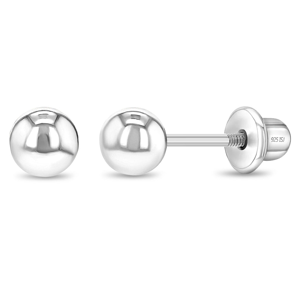 Classic Polished Ball 3-4mm Baby / Toddler / Kids Earrings Screw Back - Sterling Silver