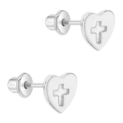 Heart & Cross Cutout Baby / Toddler / Kids Earrings Screw Back - Sterling Silver